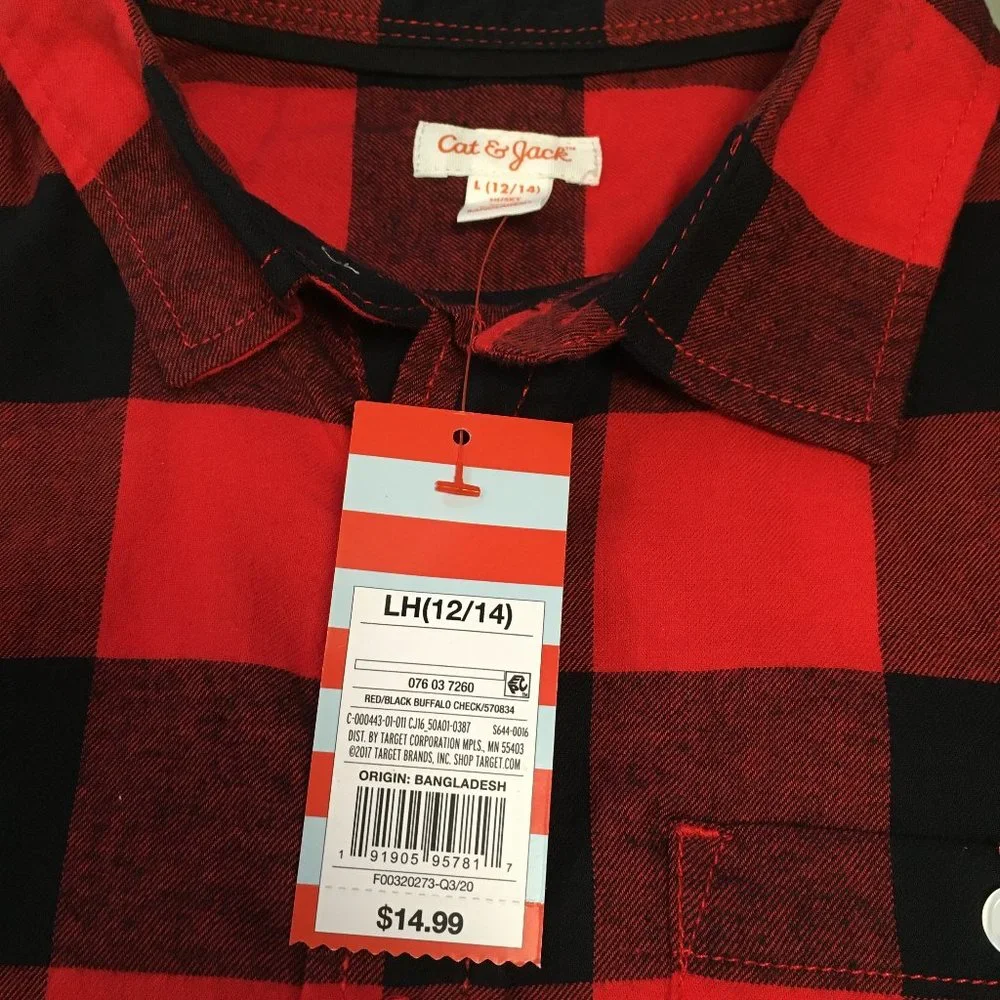 Boys Cat & Jack Long Sleeve Button Down Red & Black Plaid Shirt - LH (12/14)